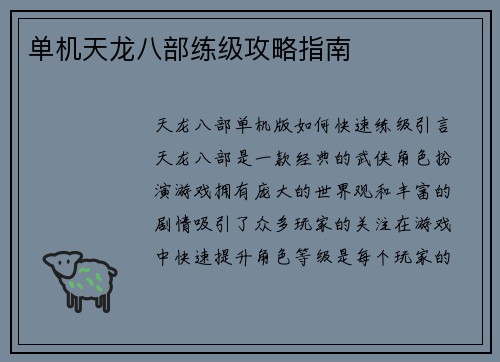 单机天龙八部练级攻略指南